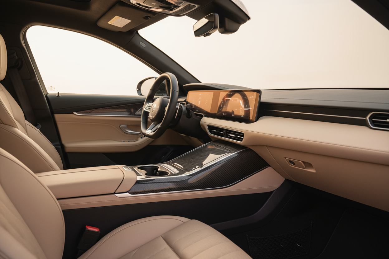 Ultra premium modern car interior, clean minimalistic, no clutter, no cables, soft daylight reflections, beige leather seats, carbon center console details, high-end luxury, editorial photography style, 85mm lens, depth of field, cinematic, warm tones, sharp focus, shot from driver perspective.